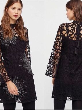 Free People Black North Star Lace Shift Dress Sequin Starburst Bell Sleeve sz 0